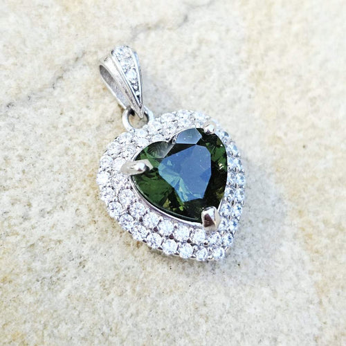Genuine Moldavite Heart Faceted Pendant | Cubic Zirconia