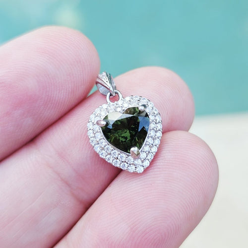 Genuine Moldavite Heart Faceted Pendant | Cubic Zirconia