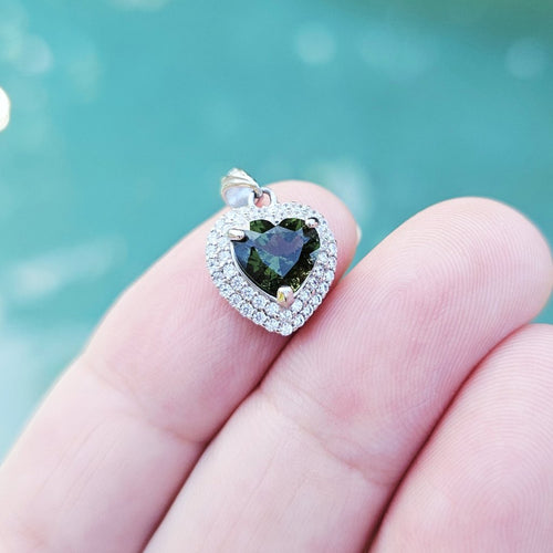 Genuine Moldavite Heart Faceted Pendant | Cubic Zirconia