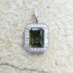 Genuine Moldavite Rectangular Faceted Pendant | Cubic Zirconia