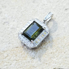 Genuine Moldavite Rectangular Faceted Pendant | Cubic Zirconia