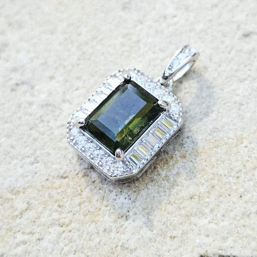 Genuine Moldavite Rectangular Faceted Pendant | Cubic Zirconia
