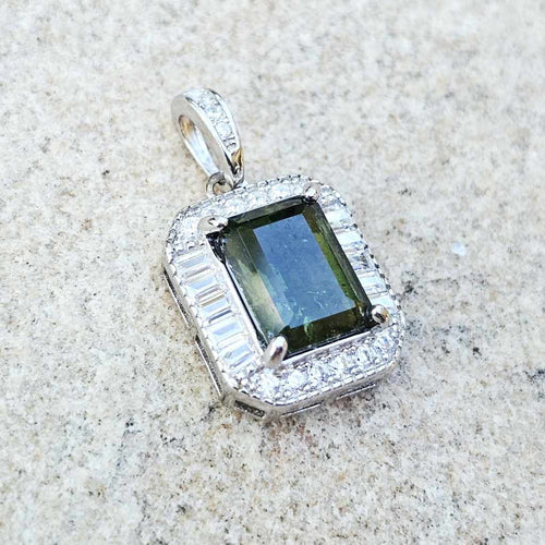 Genuine Moldavite Rectangular Faceted Pendant | Cubic Zirconia