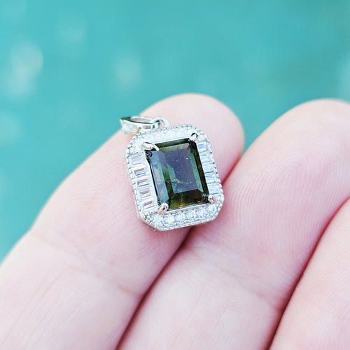 Genuine Moldavite Rectangular Faceted Pendant | Cubic Zirconia