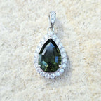 Genuine Moldavite Teardrop Faceted Pendant | Cubic Zirconia
