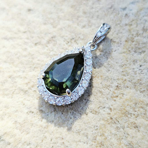 Genuine Moldavite Teardrop Faceted Pendant | Cubic Zirconia