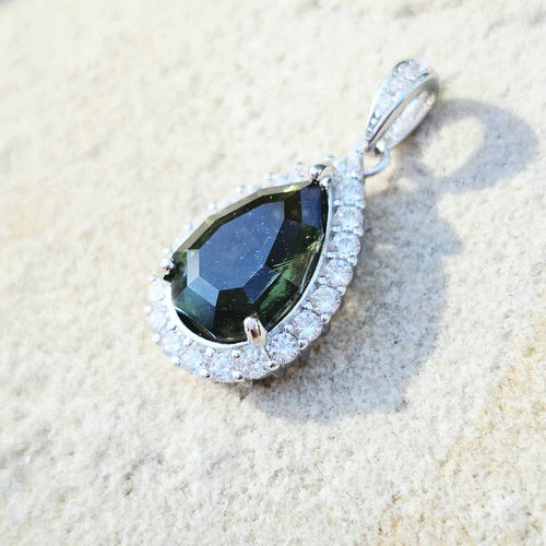 Genuine Moldavite Teardrop Faceted Pendant | Cubic Zirconia