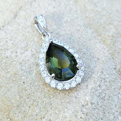 Genuine Moldavite Teardrop Faceted Pendant | Cubic Zirconia