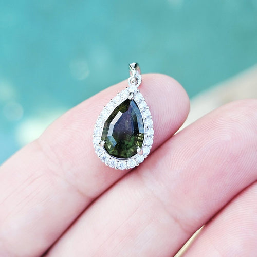 Genuine Moldavite Teardrop Faceted Pendant | Cubic Zirconia