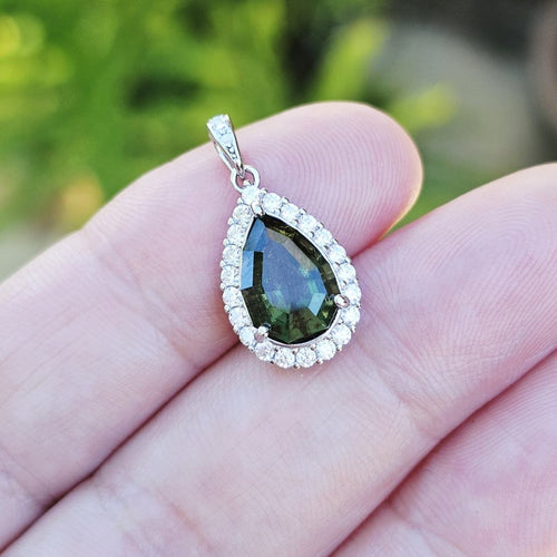 Genuine Moldavite Teardrop Faceted Pendant | Cubic Zirconia