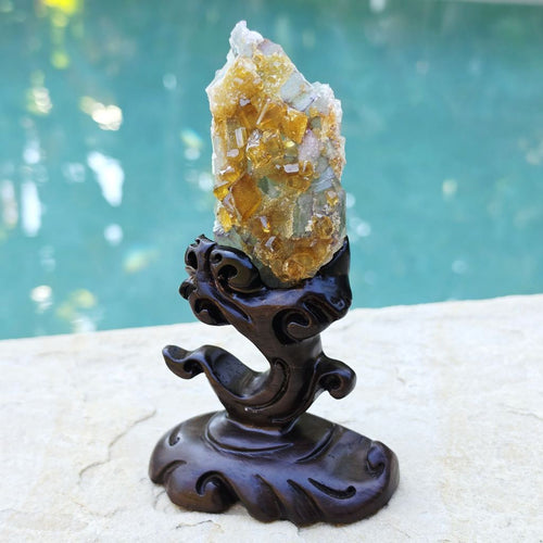 Golden Barite Specimen With Green Fluorite | Custom Stand