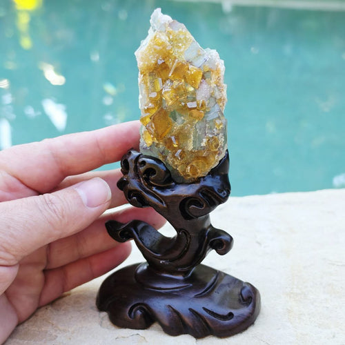 Golden Barite Specimen With Green Fluorite | Custom Stand