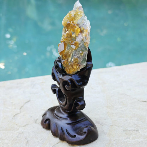 Golden Barite Specimen With Green Fluorite | Custom Stand