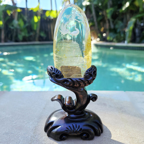 Golden Healer Quartz Reverse Etched Crane Scene | Custom Stand 409gms