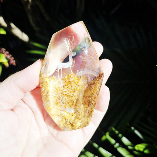 Golden Healer Quartz Reverse Etched Deer | Custom Stand 367gms