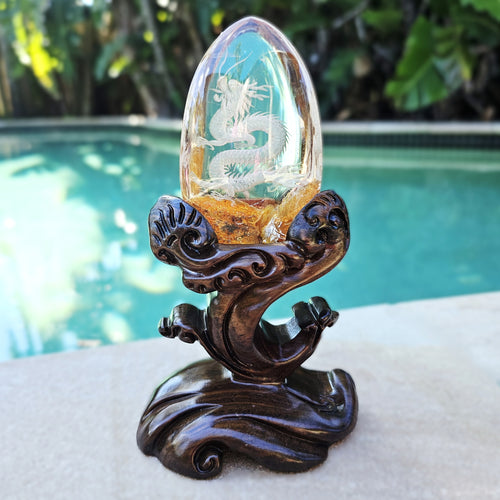 Golden Healer Quartz Reverse Etched Dragon | Custom Stand 395gms