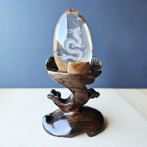 Golden Healer Quartz Reverse Etched Dragon | Custom Stand 395gms