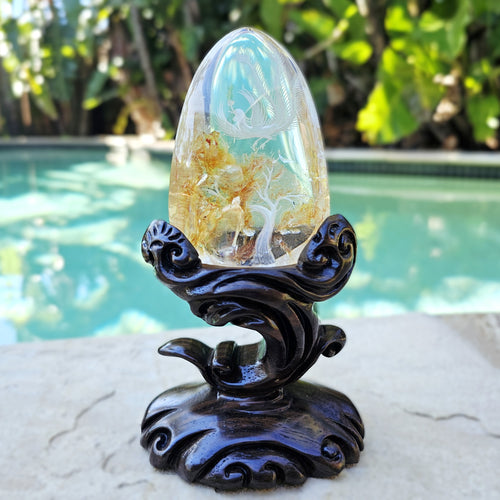 Golden Healer Quartz Reverse Etched Rising Phoenix | Custom Stand 527gms