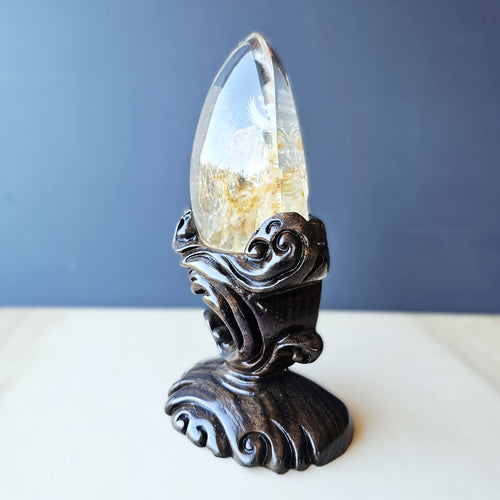 Golden Healer Quartz Reverse Etched Rising Phoenix | Custom Stand 527gms