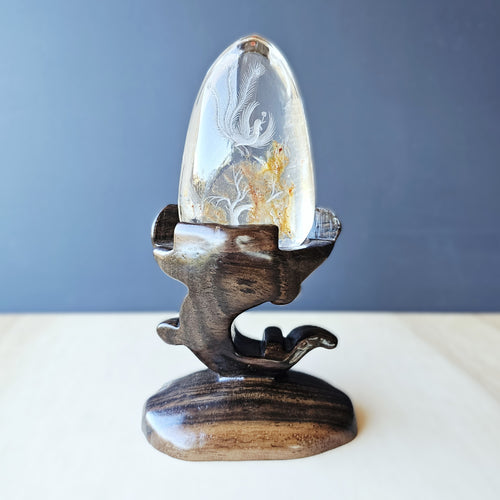 Golden Healer Quartz Reverse Etched Rising Phoenix | Custom Stand 527gms