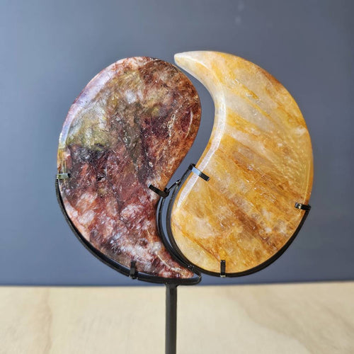 Golden Healer & Fire Quartz | Yin Yang Carving on Stand