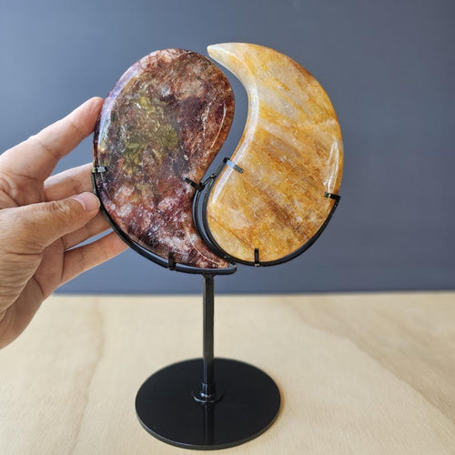 Golden Healer & Fire Quartz | Yin Yang Carving on Stand
