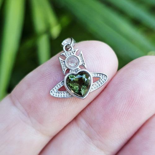 Moldavite Faceted Heart & Libyan Desert Glass Pendant | Desert Galactic Heart