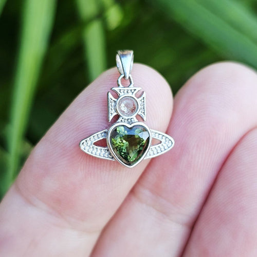 Moldavite Faceted Heart & Libyan Desert Glass Pendant | Desert Galactic Heart