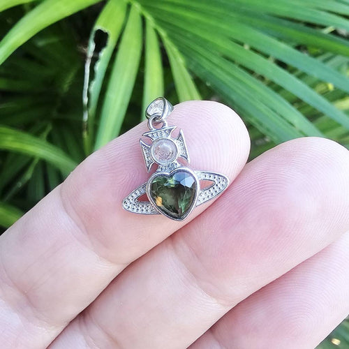 Moldavite Faceted Heart & Libyan Desert Glass Pendant | Desert Galactic Heart