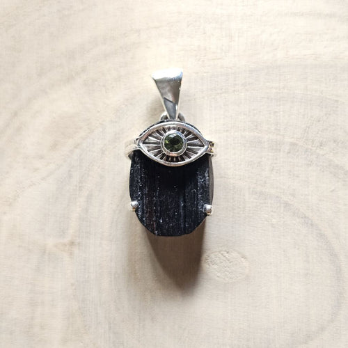 Moldavite & Black Tourmaline Pendant | Psychic Defense