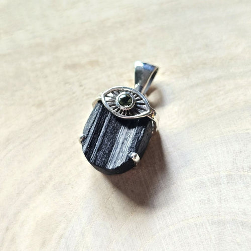 Moldavite & Black Tourmaline Pendant | Psychic Defense