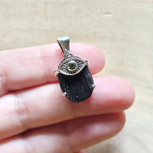 Moldavite & Black Tourmaline Pendant | Psychic Defense