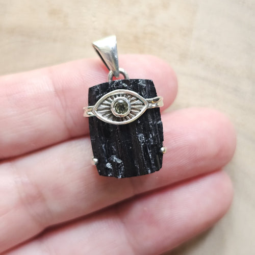 Moldavite & Black Tourmaline Pendant | Wonder Twin Power