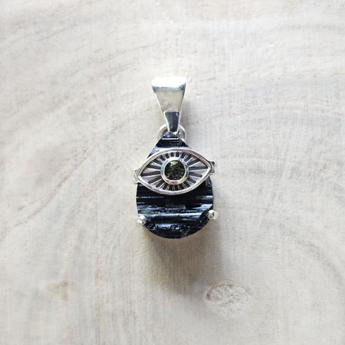 Moldavite & Tourmaline Pendant | Terrestrial Guardian