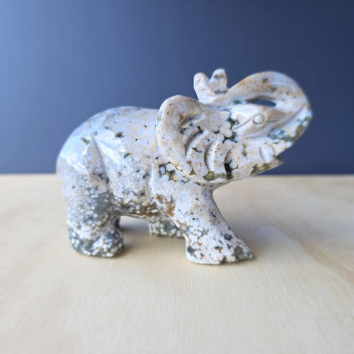 Orbicular Ocean Jasper Elephant Carving | 563gm