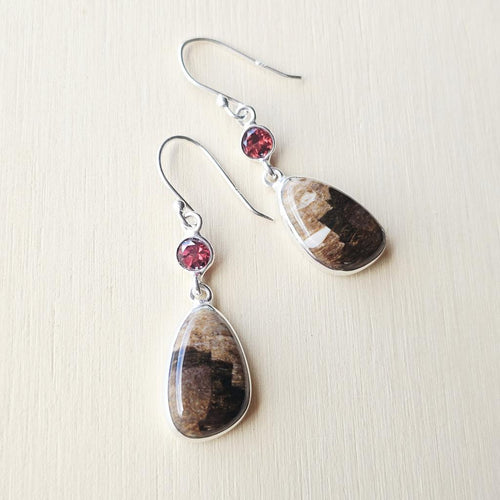 Petrified Wood & Faceted Garnet Earrings | Earthen Memory