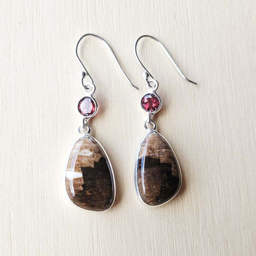 Petrified Wood & Faceted Garnet Earrings | Earthen Memory