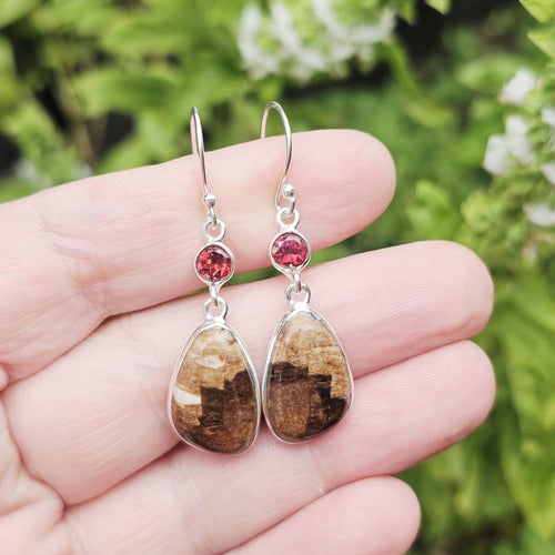 Petrified Wood & Faceted Garnet Earrings | Earthen Memory