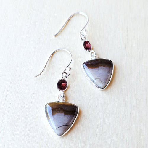 Petrified Wood & Faceted Garnet Earrings | Earthen Memory