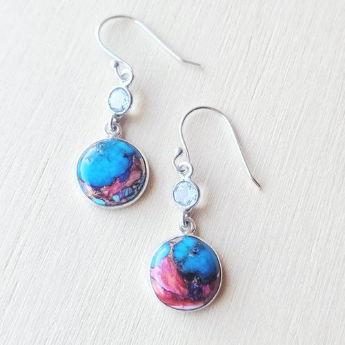 Pink Dahlia Turquoise & Blue Topaz Earrings | Topaz Kiss