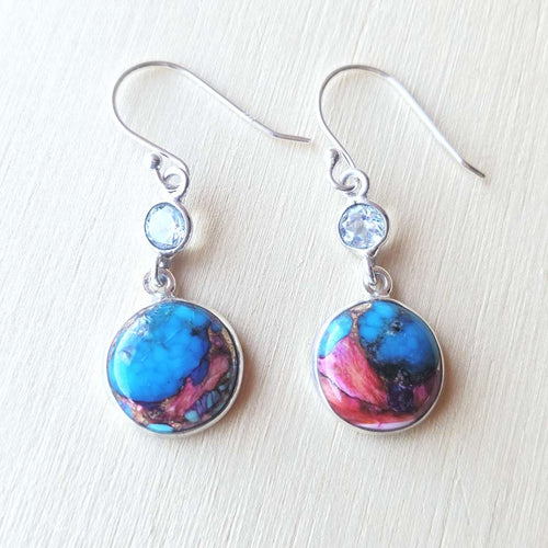 Pink Dahlia Turquoise & Blue Topaz Earrings | Topaz Kiss