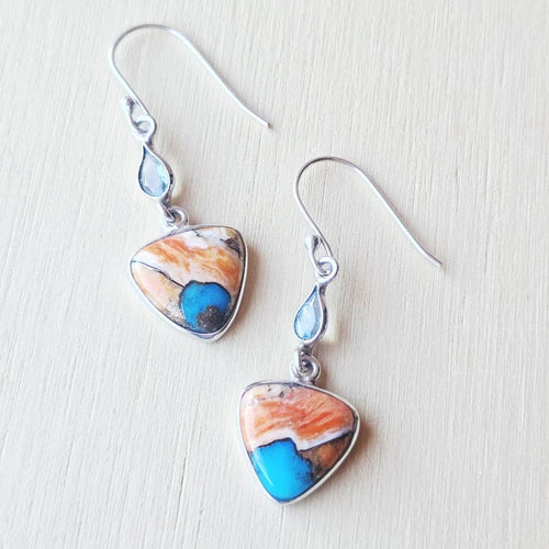 Spiny Oyster & Faceted Blue Topaz Earrings | Topaz Dawn