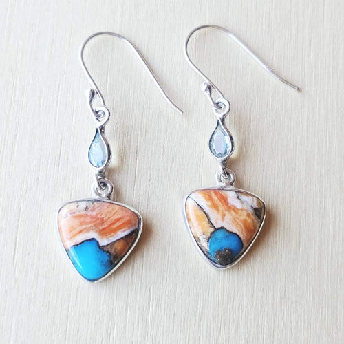 Spiny Oyster & Faceted Blue Topaz Earrings | Topaz Dawn