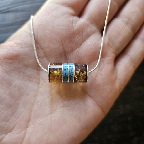 Turquoise & Amber Barrel Pendant | Sterling Silver Necklace