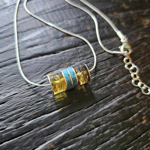 Turquoise & Amber Barrel Pendant | Sterling Silver Necklace