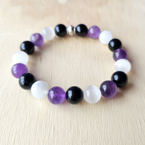 Amethyst, Selenite & Smoky Quartz crystal bracelet handmade in Australia for cleansing and energy balance.