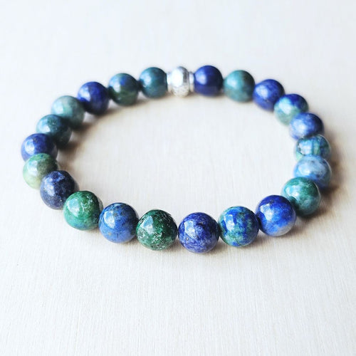 Azurite and Malachite crystal bracelet handmade in Australia with natural gemstones for clarity and balance.