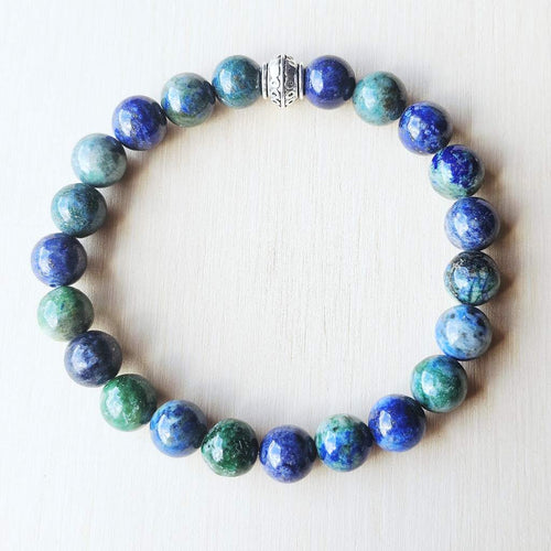 Close-up of Azurite and Malachite bracelet showing blue-green 8 mm beads from Brazil.