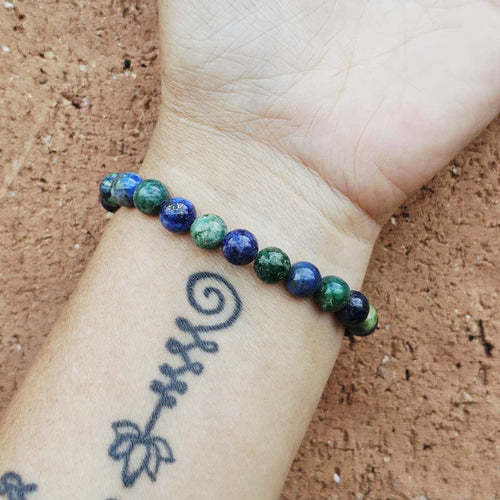 Azurite and Malachite bracelet on wrist, handmade design for men and women seeking balance and growth.