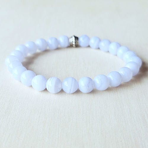 Blue Lace Agate crystal bracelet handmade in Australia for calm communication and clarity.